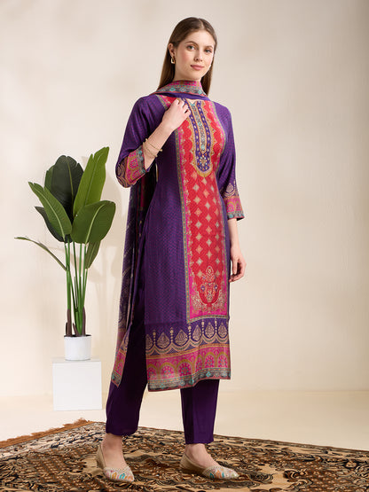 Ethnic Printed & Embroidered Straight Kurta with Pant & Dupatta - Purple