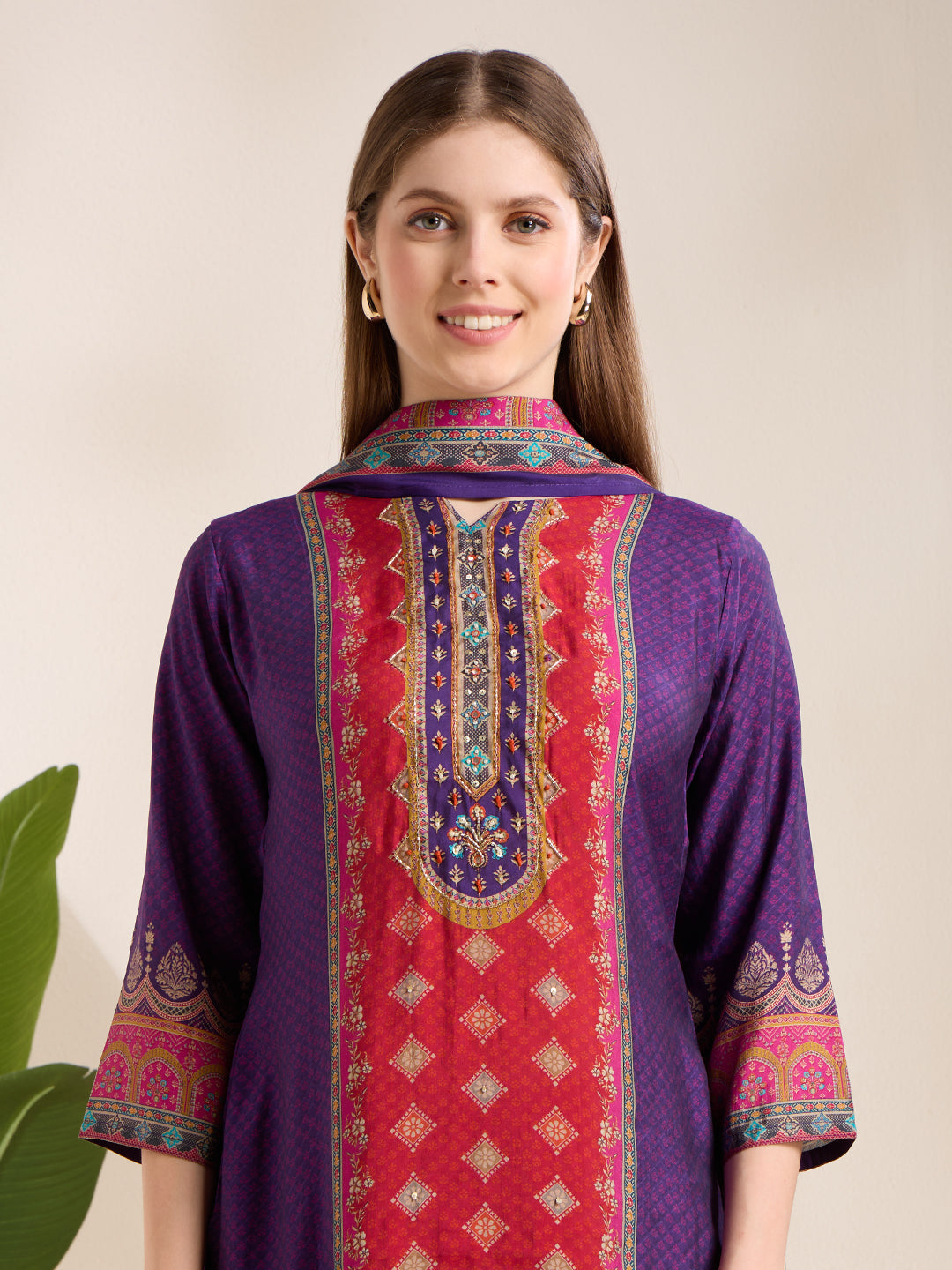 Ethnic Printed & Embroidered Straight Kurta with Pant & Dupatta - Purple