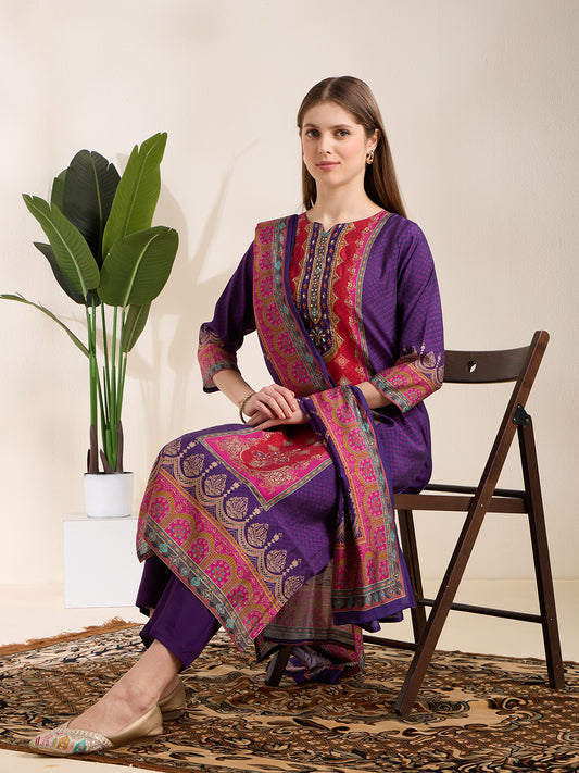 Ethnic Printed & Embroidered Straight Kurta with Pant & Dupatta - Purple