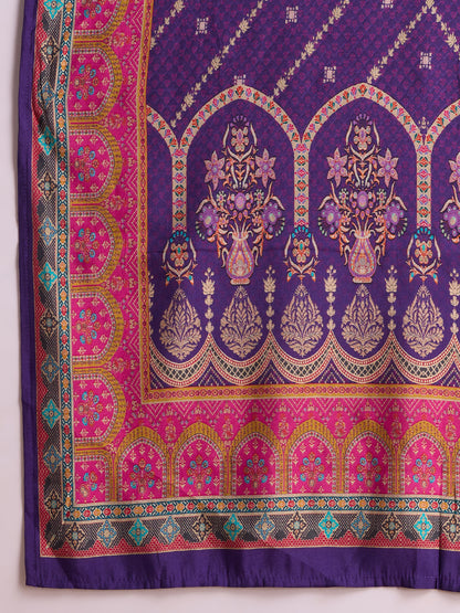 Ethnic Printed & Embroidered Straight Kurta with Pant & Dupatta - Purple
