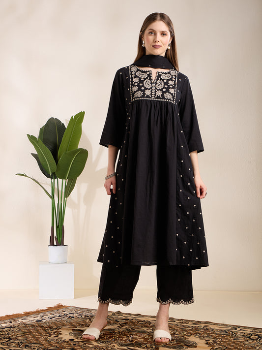 Solid Floral Embroidered A-Line Pleated Kurta with Palazzo & Dupatta - Black