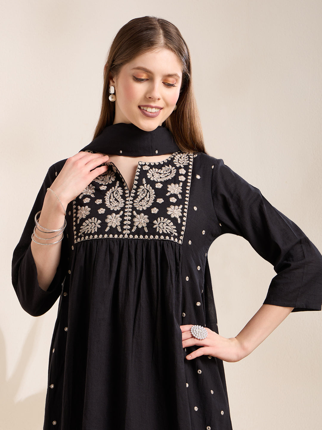 Solid Floral Embroidered A-Line Pleated Kurta with Palazzo & Dupatta - Black