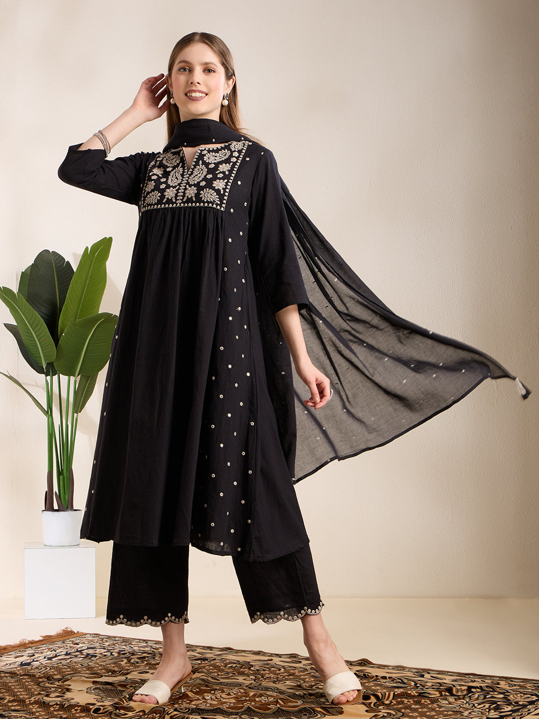 Solid Floral Embroidered A-Line Pleated Kurta with Palazzo & Dupatta - Black