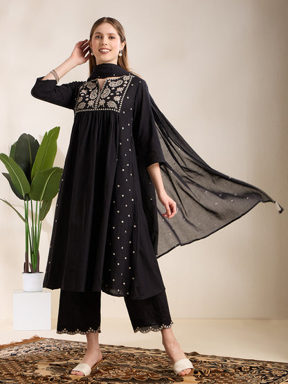 Solid Floral Embroidered A-Line Pleated Kurta with Palazzo & Dupatta - Black