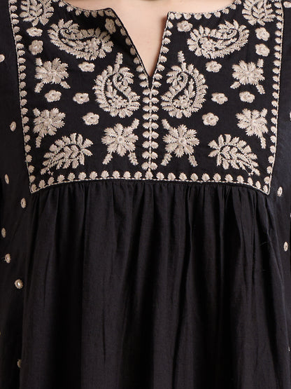 Solid Floral Embroidered A-Line Pleated Kurta with Palazzo & Dupatta - Black