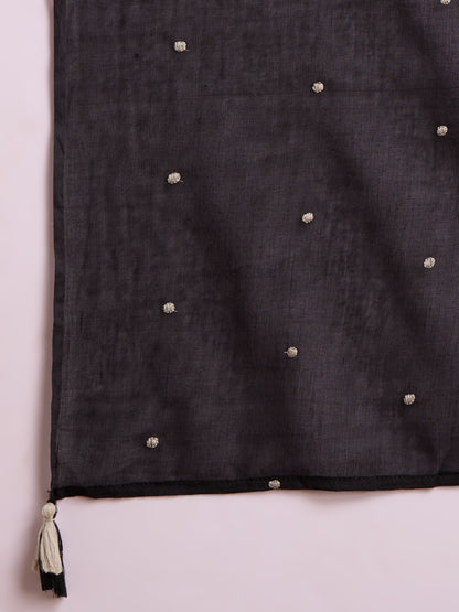 Solid Floral Embroidered A-Line Pleated Kurta with Palazzo & Dupatta - Black