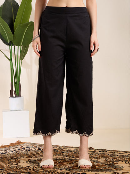 Solid Floral Embroidered A-Line Pleated Kurta with Palazzo & Dupatta - Black