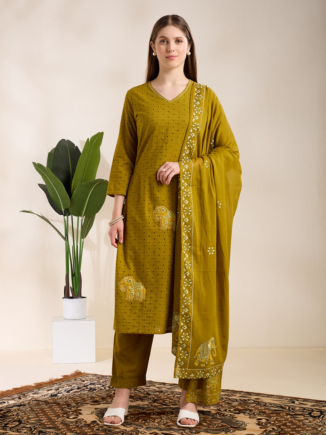 Solid Elephant Work Embroidered Straight Kurta with Palazzo & Dupatta - Green