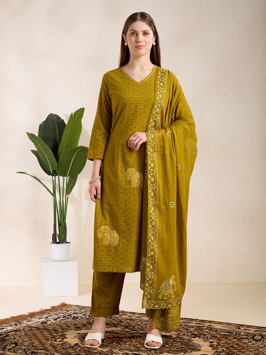 Solid Elephant Work Embroidered Straight Kurta with Palazzo & Dupatta - Green