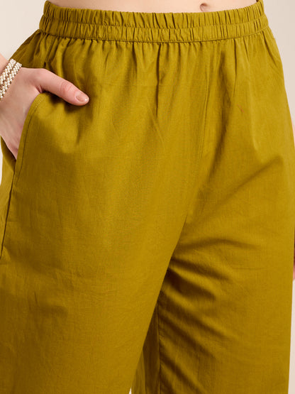 Solid Elephant Work Embroidered Straight Kurta with Palazzo & Dupatta - Green