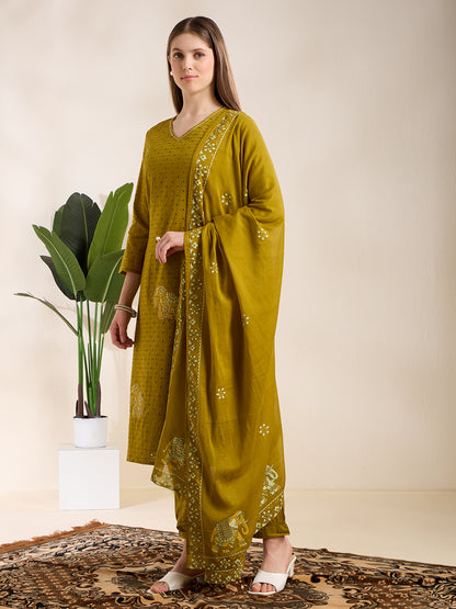 Solid Elephant Work Embroidered Straight Kurta with Palazzo & Dupatta - Green