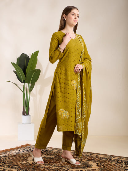 Solid Elephant Work Embroidered Straight Kurta with Palazzo & Dupatta - Green