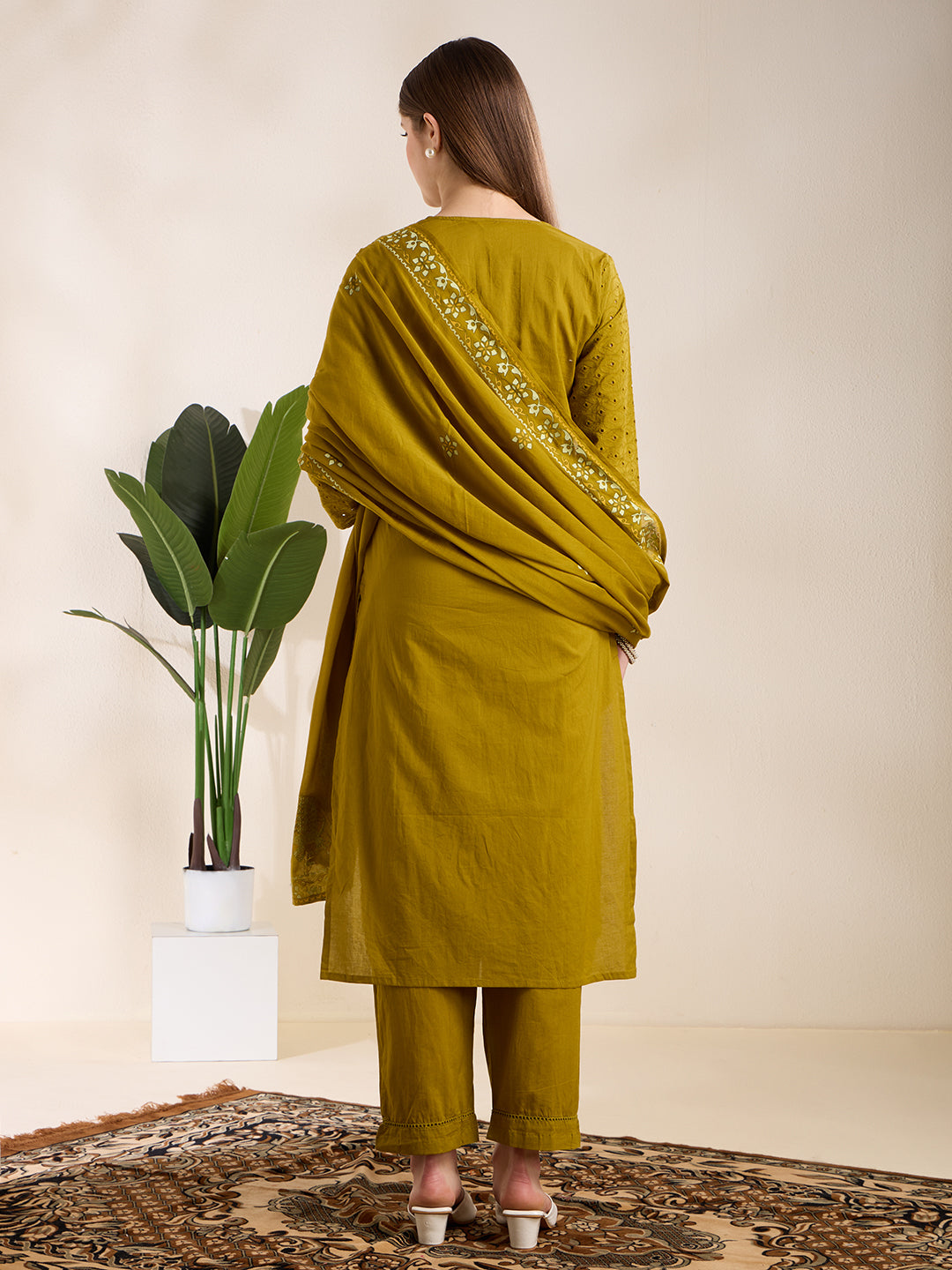 Solid Elephant Work Embroidered Straight Kurta with Palazzo & Dupatta - Green
