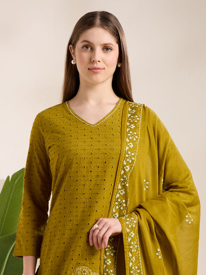Solid Elephant Work Embroidered Straight Kurta with Palazzo & Dupatta - Green