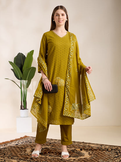 Solid Elephant Work Embroidered Straight Kurta with Palazzo & Dupatta - Green