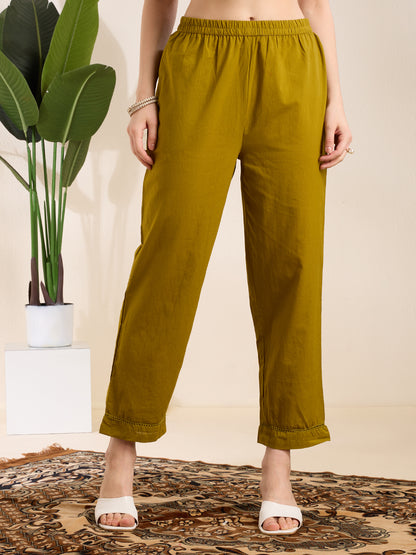 Solid Elephant Work Embroidered Straight Kurta with Palazzo & Dupatta - Green