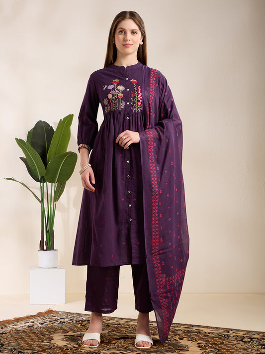 Solid Floral Embroidered A-Line Pleated Kurta with Palazzo & Dupatta - Purple