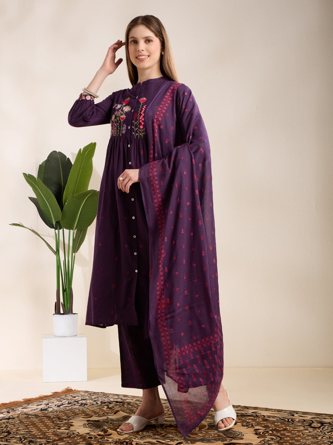 Solid Floral Embroidered A-Line Pleated Kurta with Palazzo & Dupatta - Purple