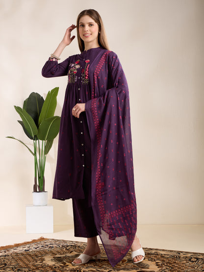 Solid Floral Embroidered A-Line Pleated Kurta with Palazzo & Dupatta - Purple