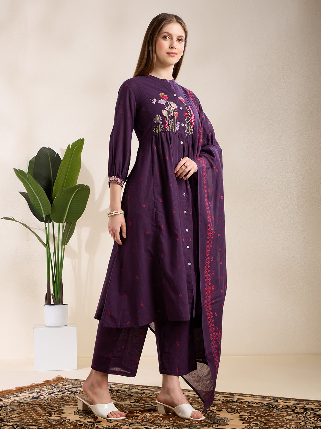 Solid Floral Embroidered A-Line Pleated Kurta with Palazzo & Dupatta - Purple
