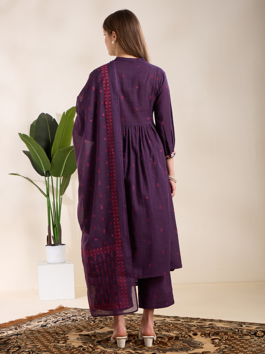 Solid Floral Embroidered A-Line Pleated Kurta with Palazzo & Dupatta - Purple