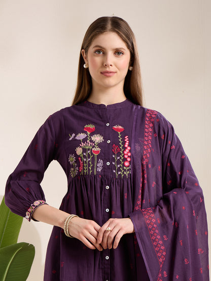 Solid Floral Embroidered A-Line Pleated Kurta with Palazzo & Dupatta - Purple