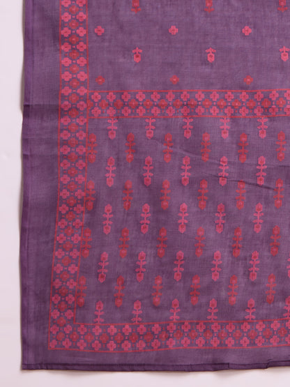 Solid Floral Embroidered A-Line Pleated Kurta with Palazzo & Dupatta - Purple