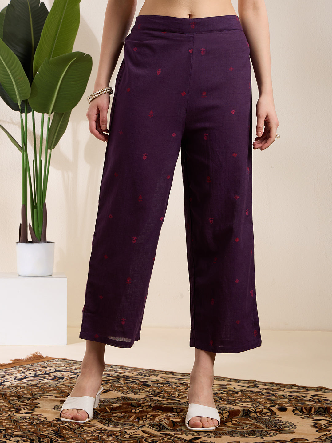 Solid Floral Embroidered A-Line Pleated Kurta with Palazzo & Dupatta - Purple