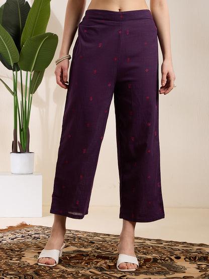 Solid Floral Embroidered A-Line Pleated Kurta with Palazzo & Dupatta - Purple