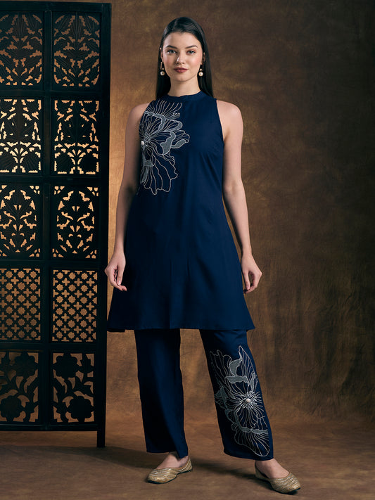 Abstract Threadwork A-Line Co-ord Set - Navy Blue