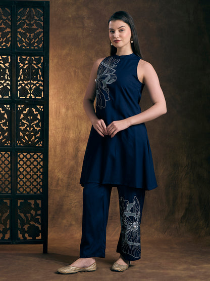 Abstract Threadwork A-Line Co-ord Set - Navy Blue