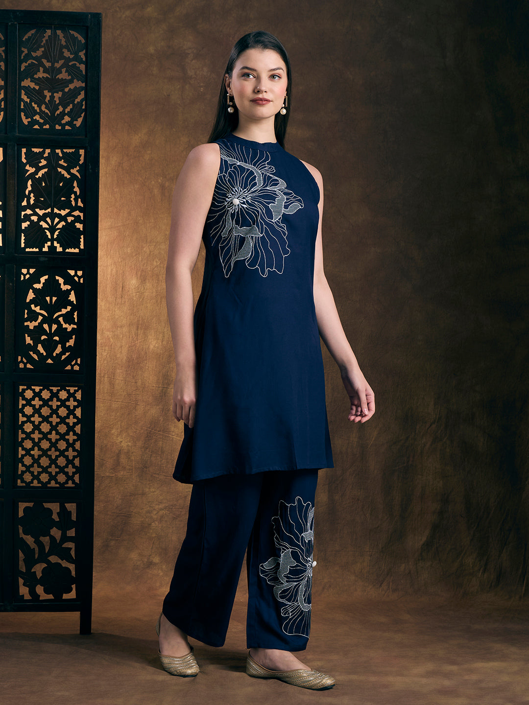 Abstract Threadwork A-Line Co-ord Set - Navy Blue