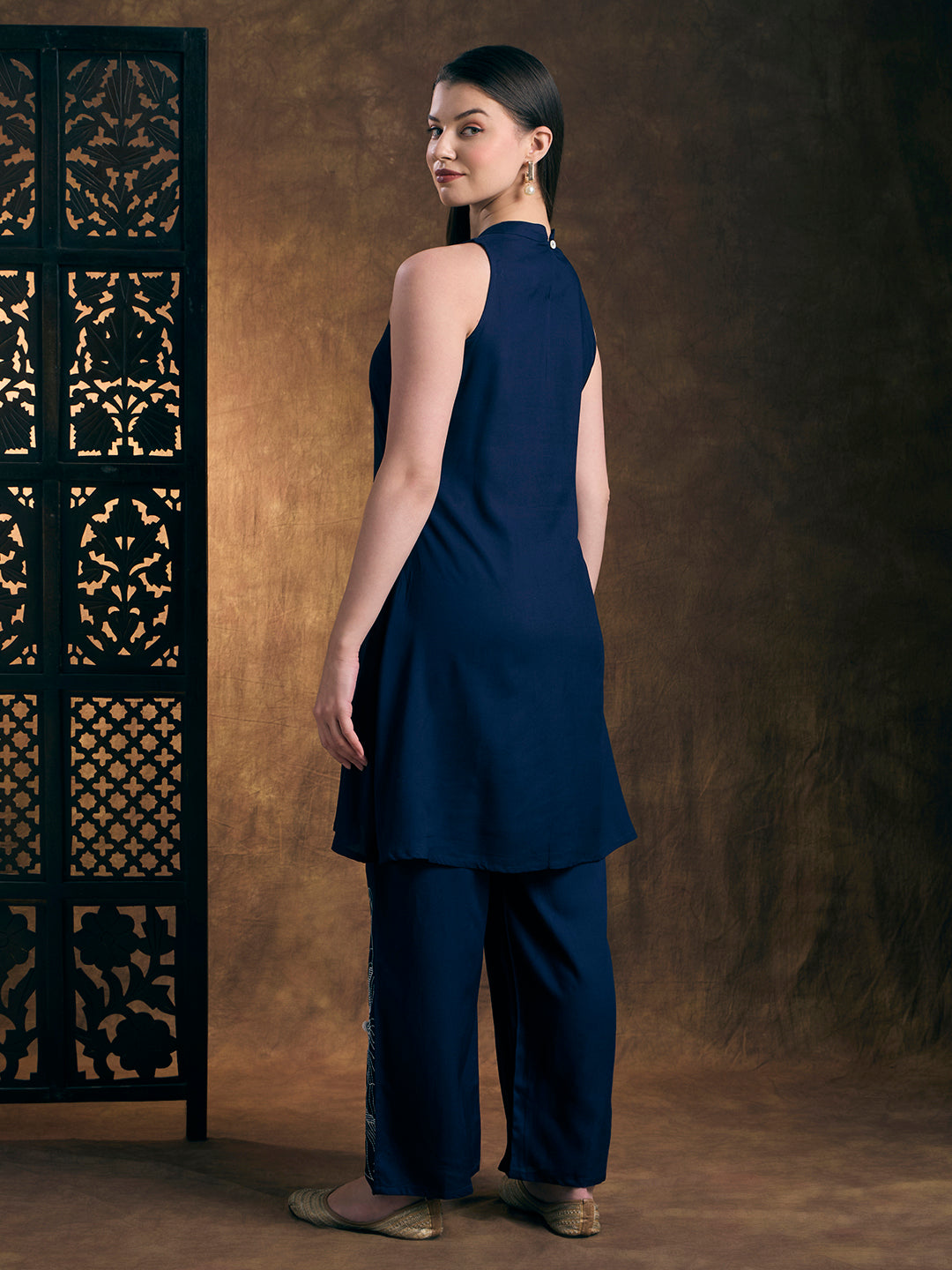 Abstract Threadwork A-Line Co-ord Set - Navy Blue