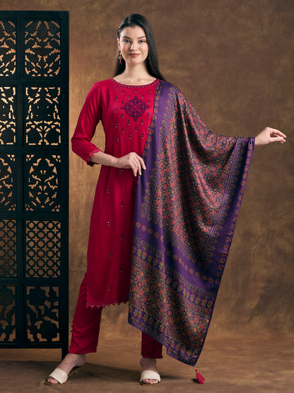 Solid Ethnic Embroidered Straight Kurta with Pant and Dupatta - Pink