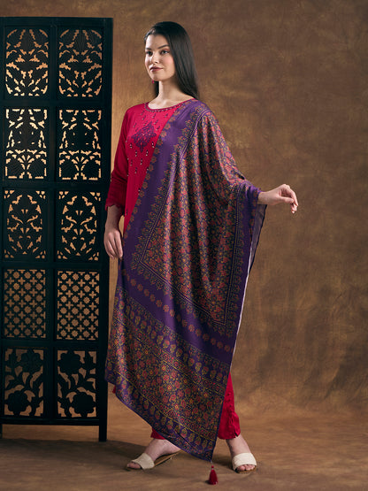 Solid Ethnic Embroidered Straight Kurta with Pant and Dupatta - Pink