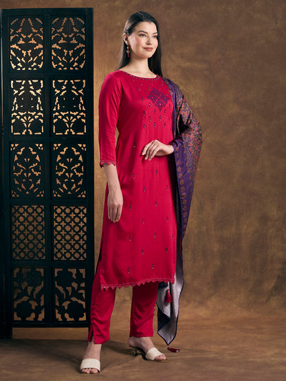 Solid Ethnic Embroidered Straight Kurta with Pant and Dupatta - Pink