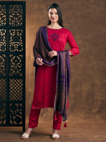 Solid Ethnic Embroidered Straight Kurta with Pant and Dupatta - Pink