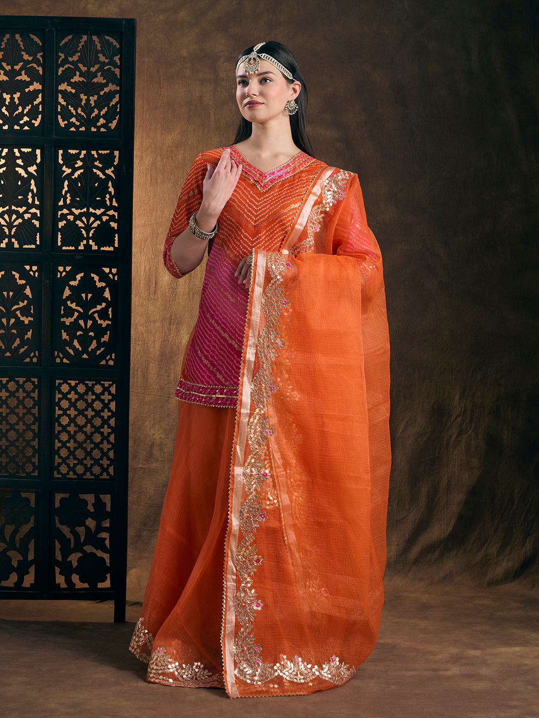 Leheriya Printed Gota Patti Embroidered Kurta Skirt & Dupatta Set - Organge