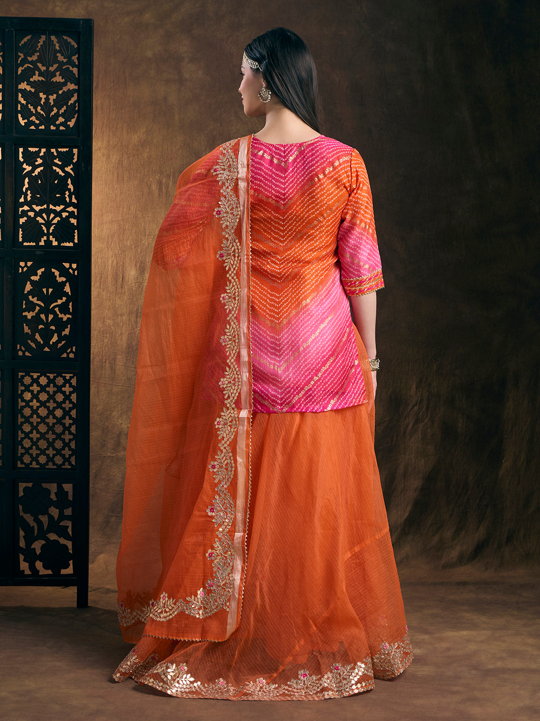 Leheriya Printed Gota Patti Embroidered Kurta Skirt & Dupatta Set - Organge