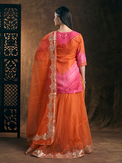 Leheriya Printed Gota Patti Embroidered Kurta Skirt & Dupatta Set - Organge