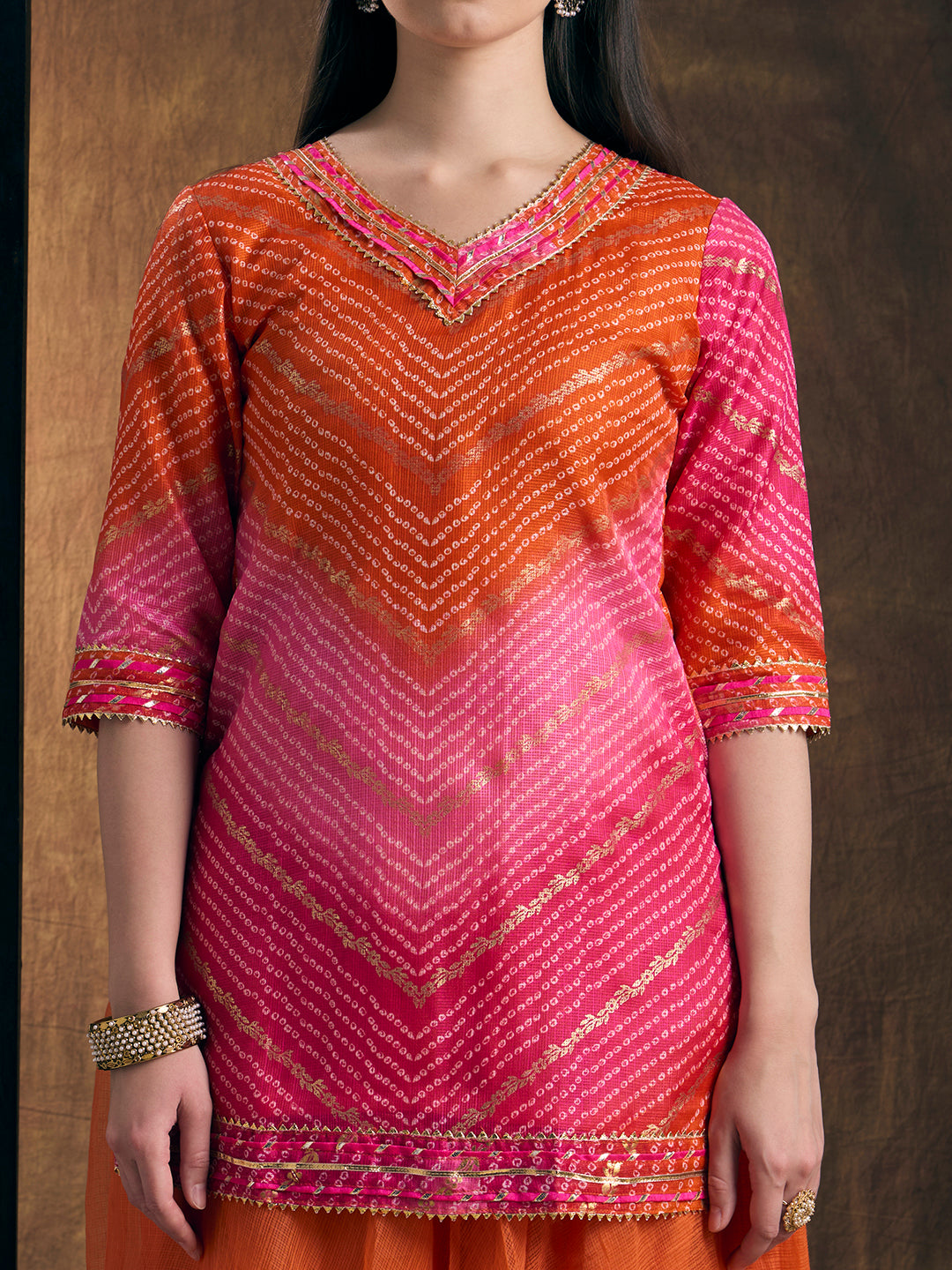 Leheriya Printed Gota Patti Embroidered Kurta Skirt & Dupatta Set - Organge