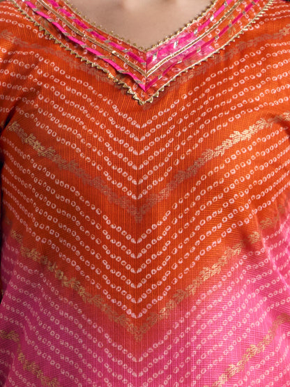 Leheriya Printed Gota Patti Embroidered Kurta Skirt & Dupatta Set - Organge