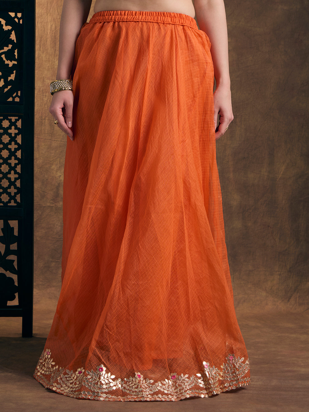 Leheriya Printed Gota Patti Embroidered Kurta Skirt & Dupatta Set - Organge