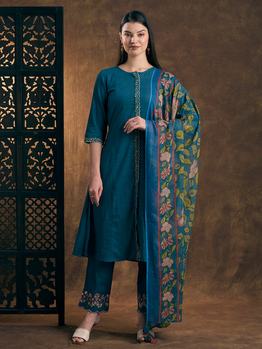 Solid Embroidered A-Line Kurta with Pant & Printed Dupatta - Blue