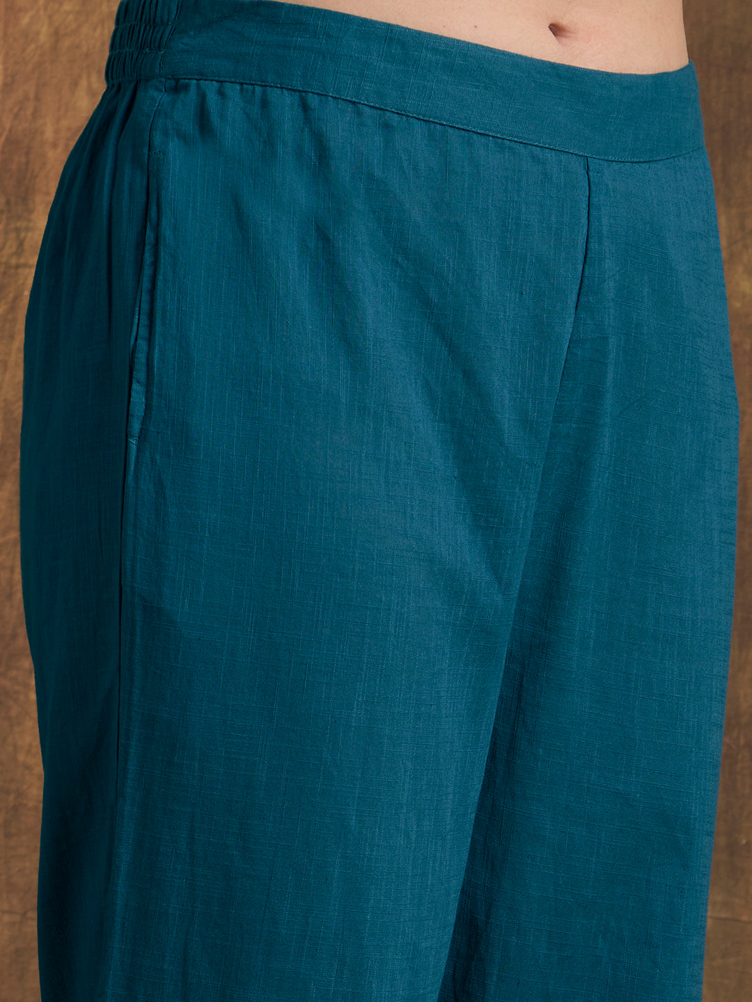 Solid Embroidered A-Line Kurta with Pant & Printed Dupatta - Blue