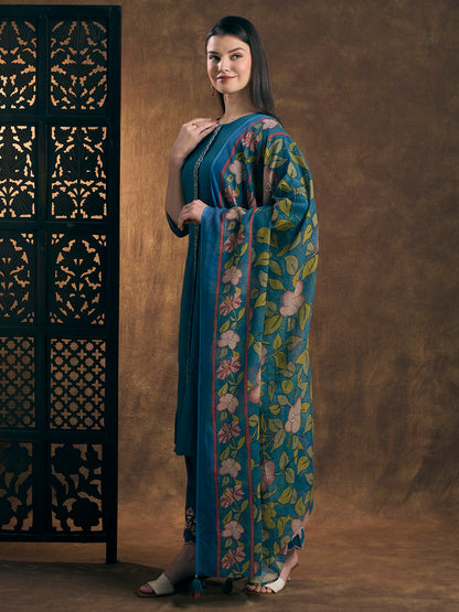 Solid Embroidered A-Line Kurta with Pant & Printed Dupatta - Blue