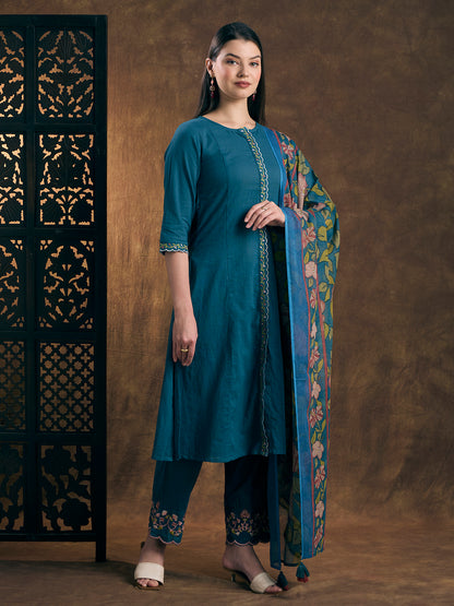 Solid Embroidered A-Line Kurta with Pant & Printed Dupatta - Blue