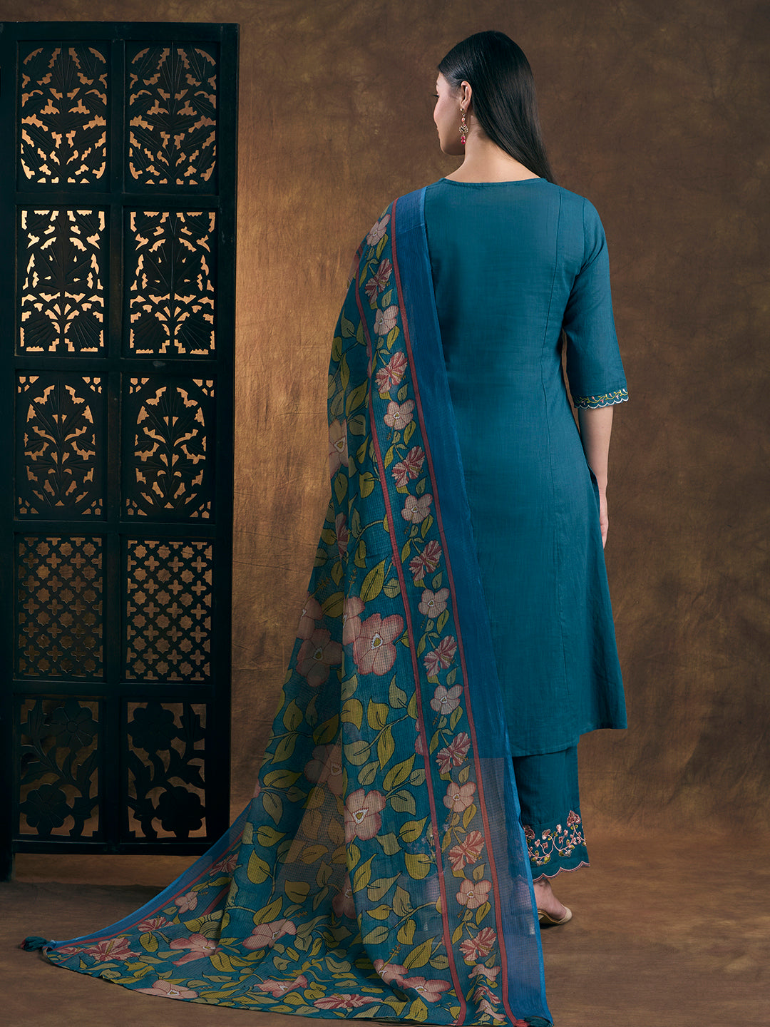 Solid Embroidered A-Line Kurta with Pant & Printed Dupatta - Blue