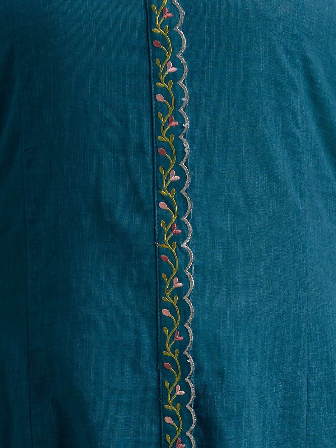 Solid Embroidered A-Line Kurta with Pant & Printed Dupatta - Blue