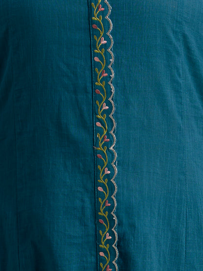 Solid Embroidered A-Line Kurta with Pant & Printed Dupatta - Blue
